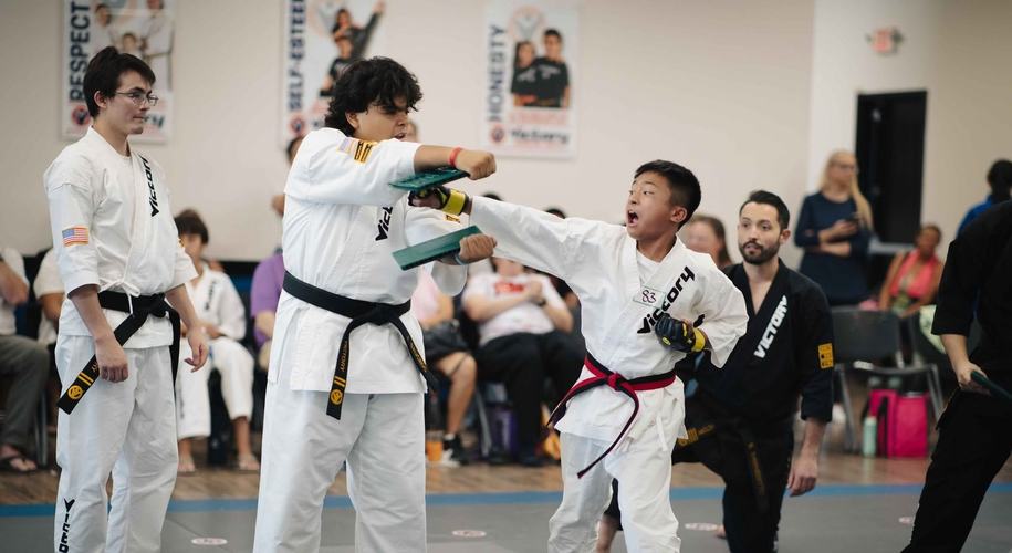 A boy breaks a board held by an older student
